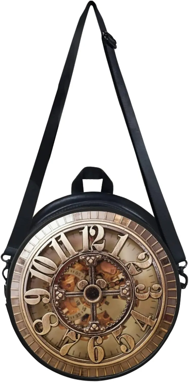 Women's PU Round Clock Shape Tote Handbag Shoulder Bag, Elegant Portable Multi-Function Bag Purse Tote Bag