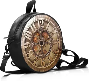 Women's PU Round Clock Shape Tote Handbag Shoulder Bag, Elegant Portable Multi-Function Bag Purse Tote Bag