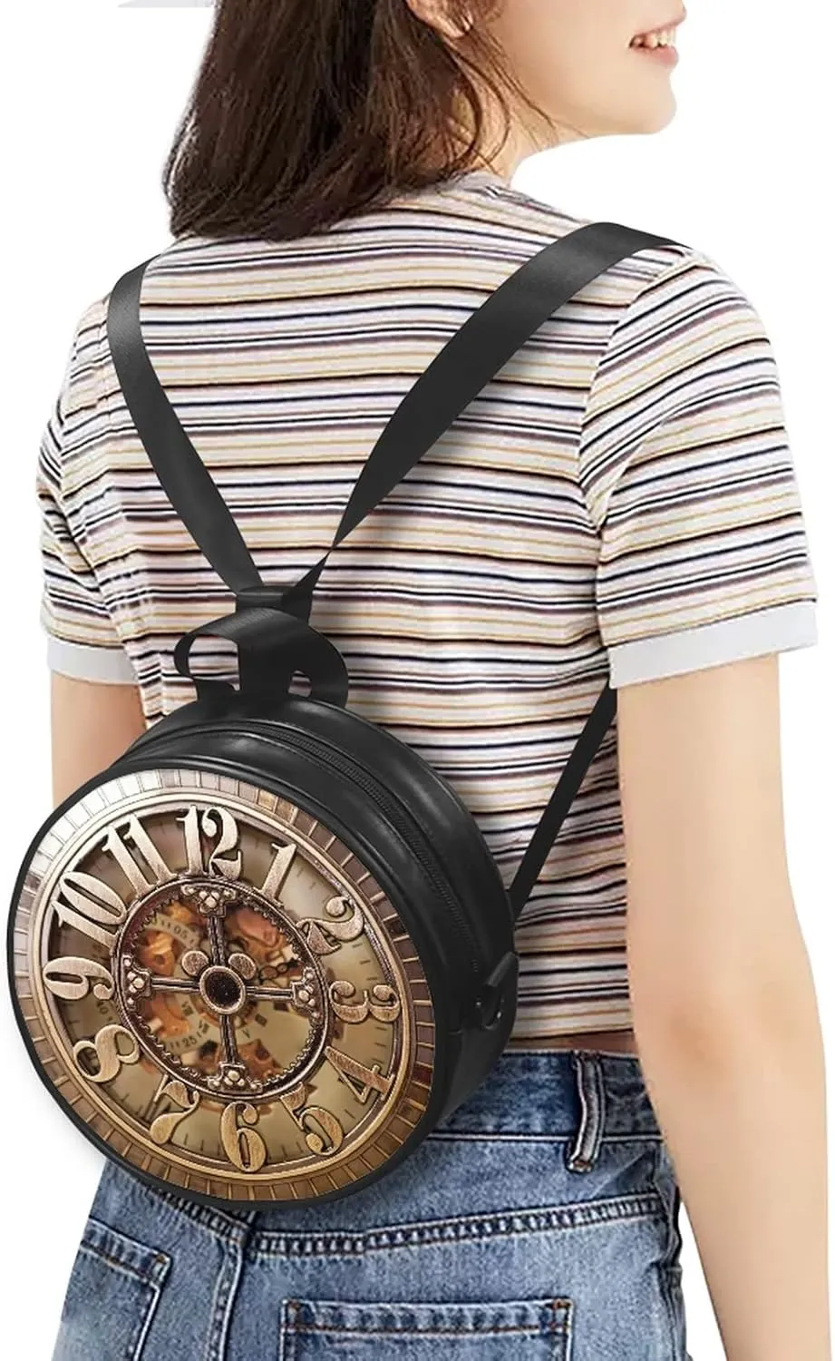 Women's PU Round Clock Shape Tote Handbag Shoulder Bag, Elegant Portable Multi-Function Bag Purse Tote Bag