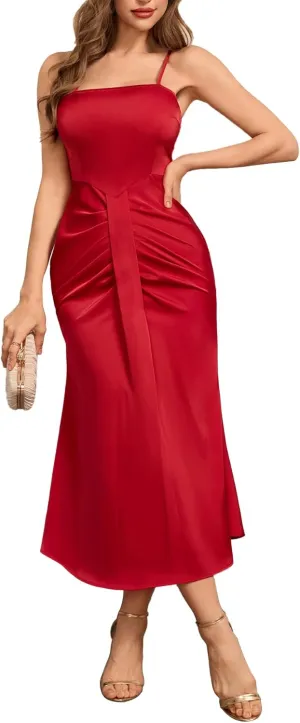 Women's Sexy Satin Ruched Cocktail Midi Dress for Wedding Guest Spaghetti Strap Slim Formal Dresses