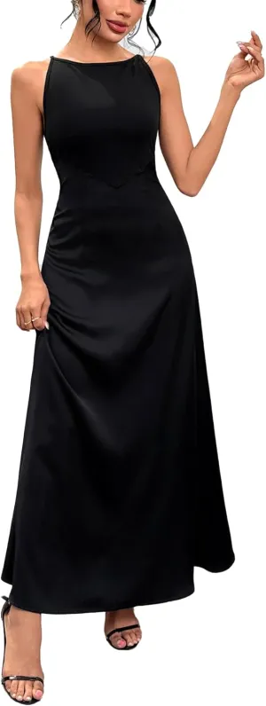 Women's Sleeveless Satin Maxi Dress Boat Neck High Waist Elegant Cocktail Wedding Guest Tank Dress Summer 2025