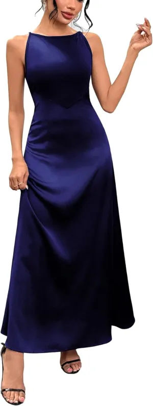 Women's Sleeveless Satin Maxi Dress Boat Neck High Waist Elegant Cocktail Wedding Guest Tank Dress Summer 2025
