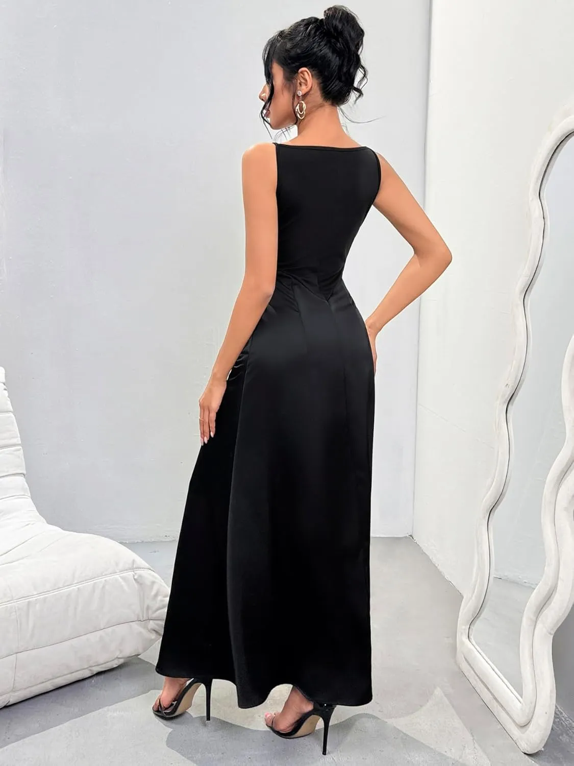 Women's Sleeveless Satin Maxi Dress Boat Neck High Waist Elegant Cocktail Wedding Guest Tank Dress Summer 2025