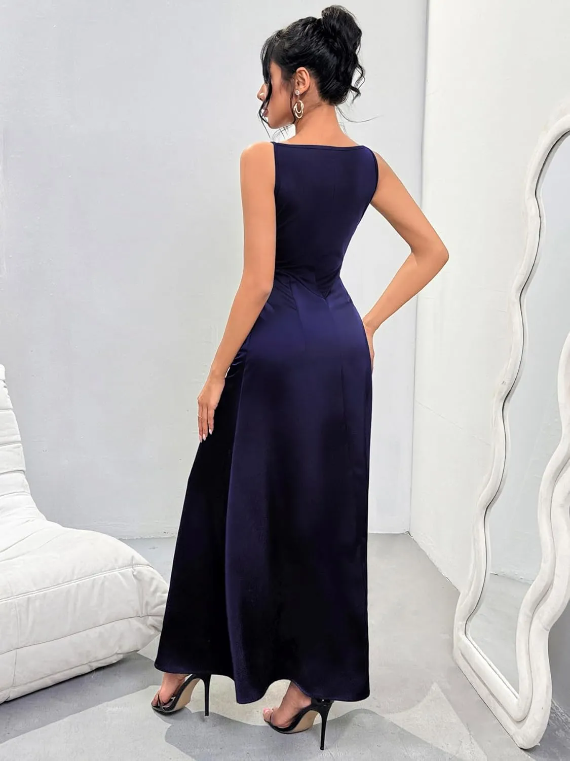 Women's Sleeveless Satin Maxi Dress Boat Neck High Waist Elegant Cocktail Wedding Guest Tank Dress Summer 2025