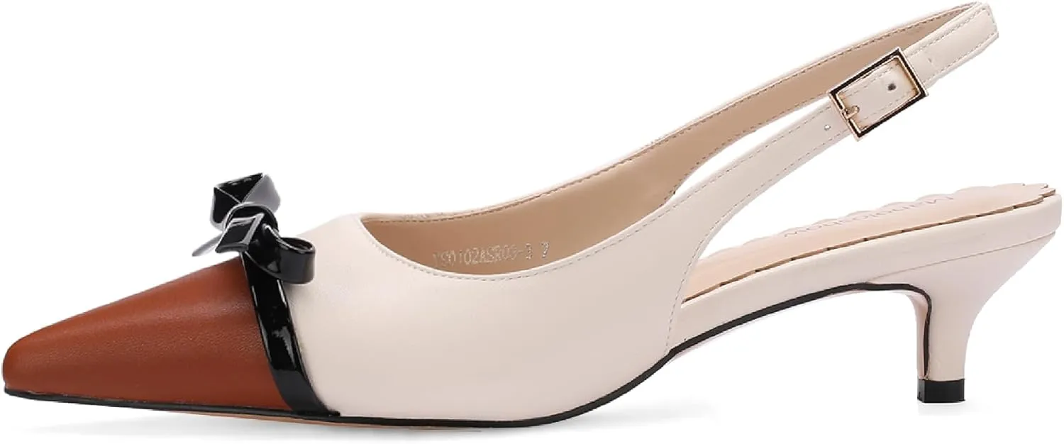 Women's Slingback Heels with Bow Cute Pumps with Pointy Toe Cap 2" Stiletto Kitten Heels for Designer Comfy Dress Shoes
