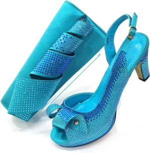 Womens Sparkly Crystal Accented Party Shoes and Matching Shoulder Bag Set Comfortable High Heels for Bride