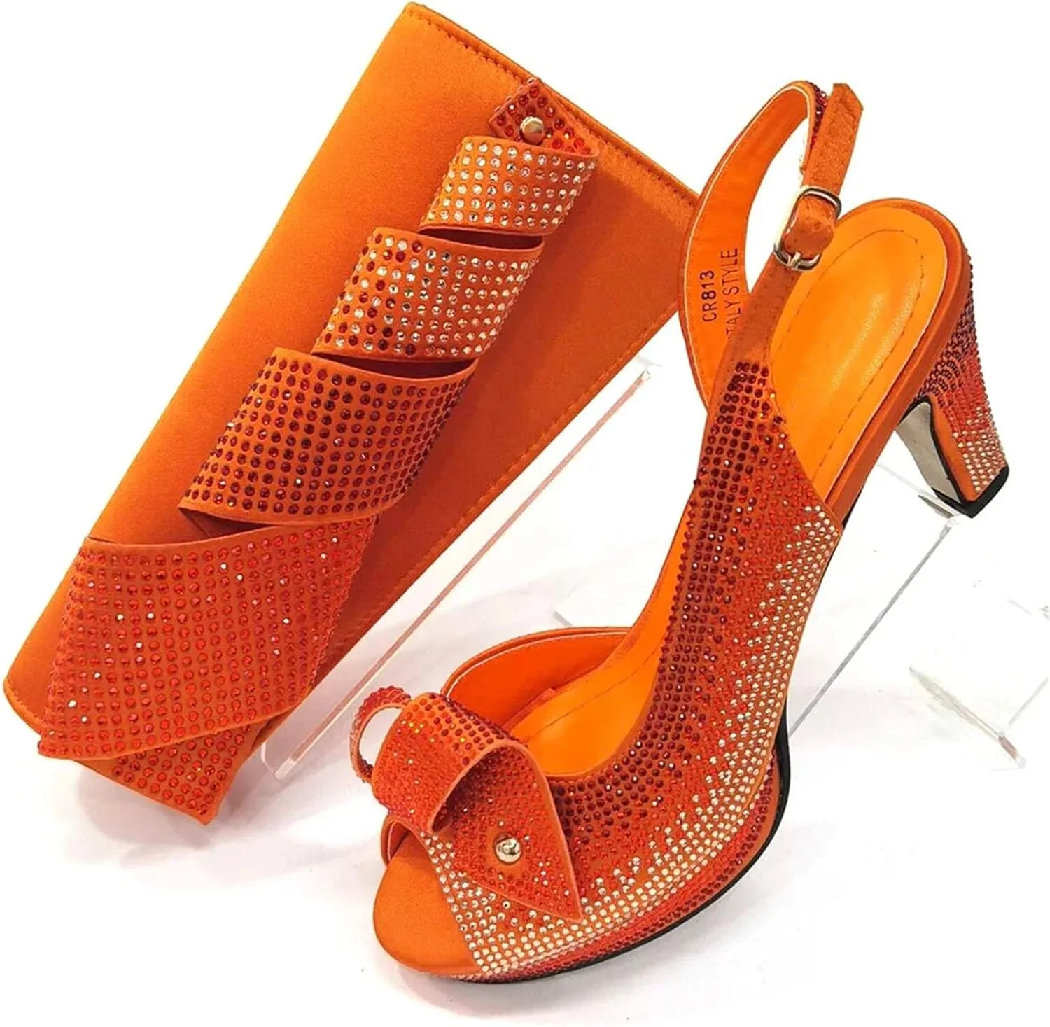Womens Sparkly Crystal Accented Party Shoes and Matching Shoulder Bag Set Comfortable High Heels for Bride