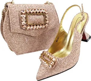 Womens Sparkly Rhinestone Accented Party Shoes and Shoulder Bag Combo Italian Design High Heels for Special