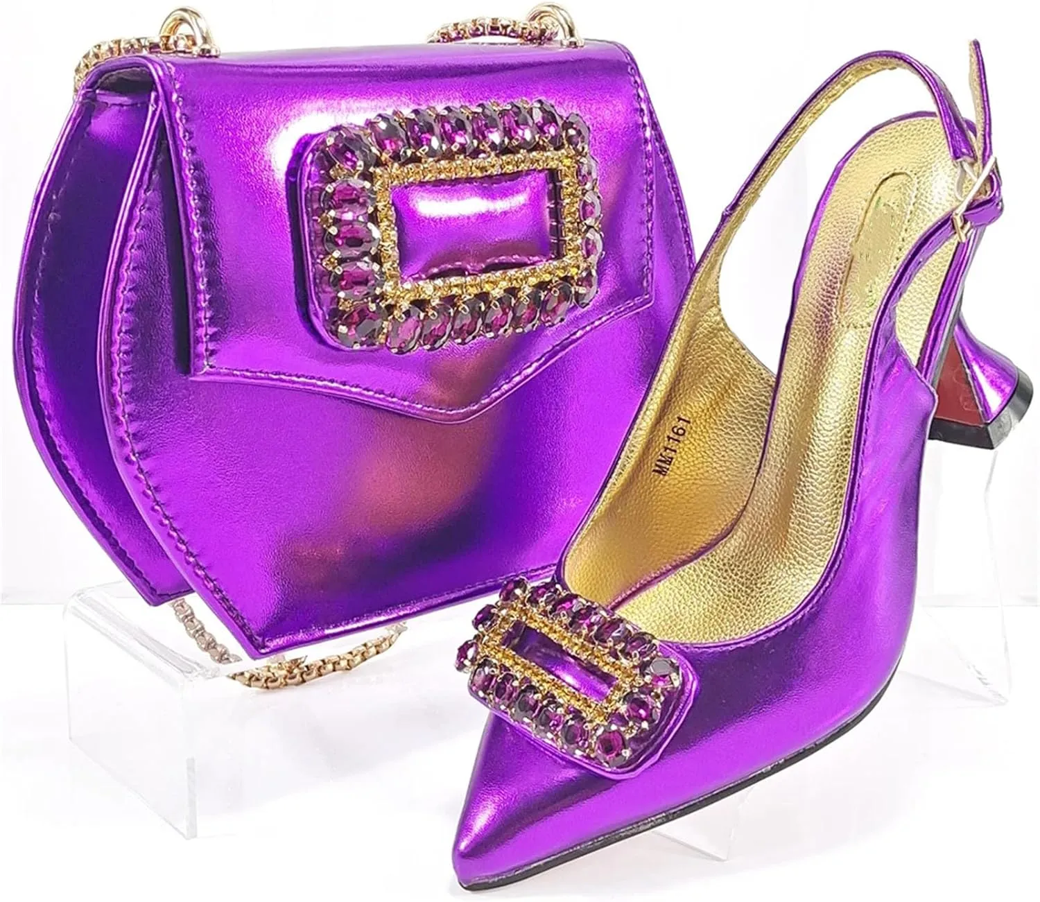 Womens Sparkly Rhinestone Accented Party Shoes and Shoulder Bag Combo Italian Design High Heels for Special