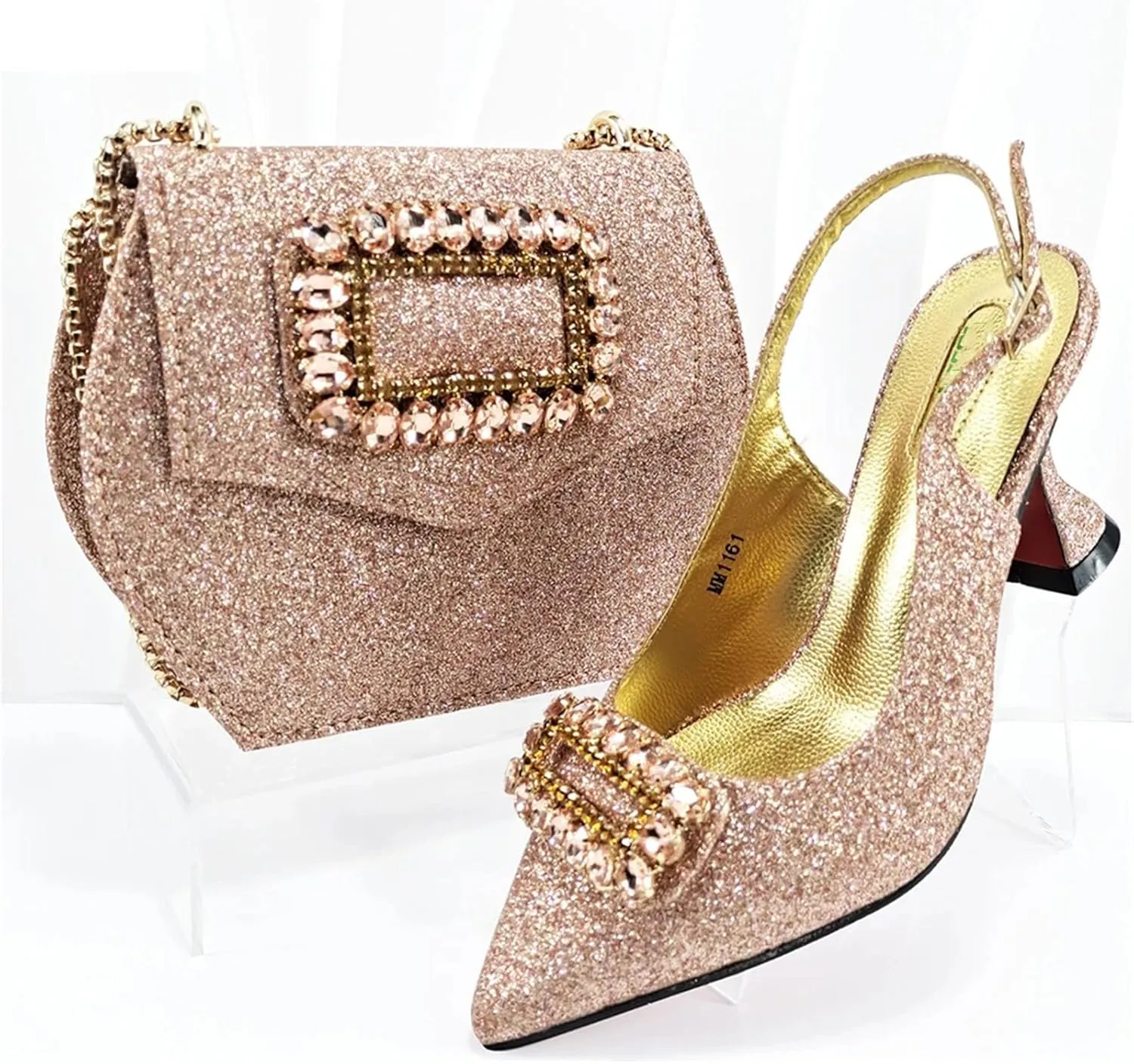 Womens Sparkly Rhinestone Accented Party Shoes and Shoulder Bag Combo Italian Design High Heels for Special