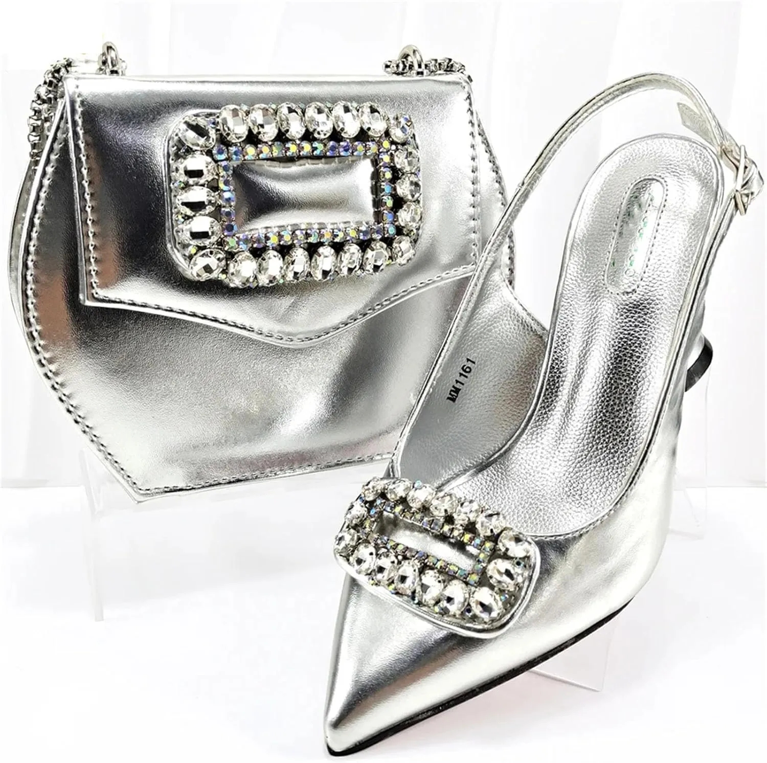 Womens Sparkly Rhinestone Accented Party Shoes and Shoulder Bag Combo Italian Design High Heels for Special