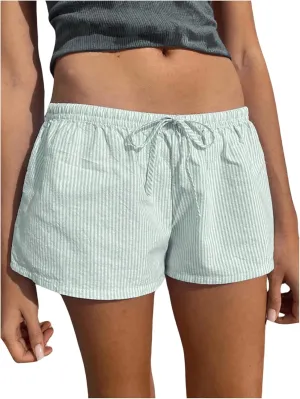Women's Striped Print Drawstring Elastic Waist Shorts Casual Wide Leg Low Rise Summer Boxer Shorts