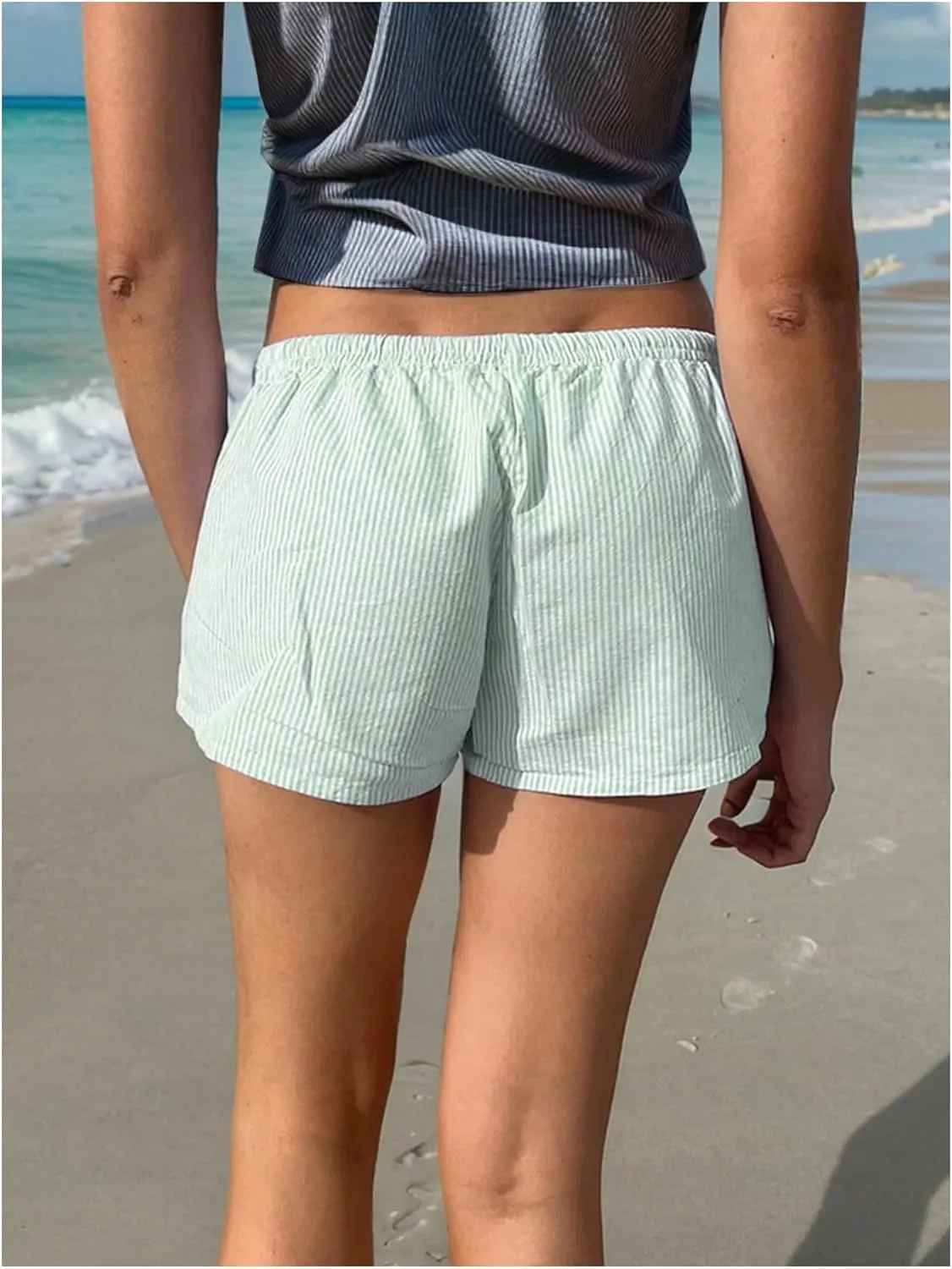 Women's Striped Print Drawstring Elastic Waist Shorts Casual Wide Leg Low Rise Summer Boxer Shorts