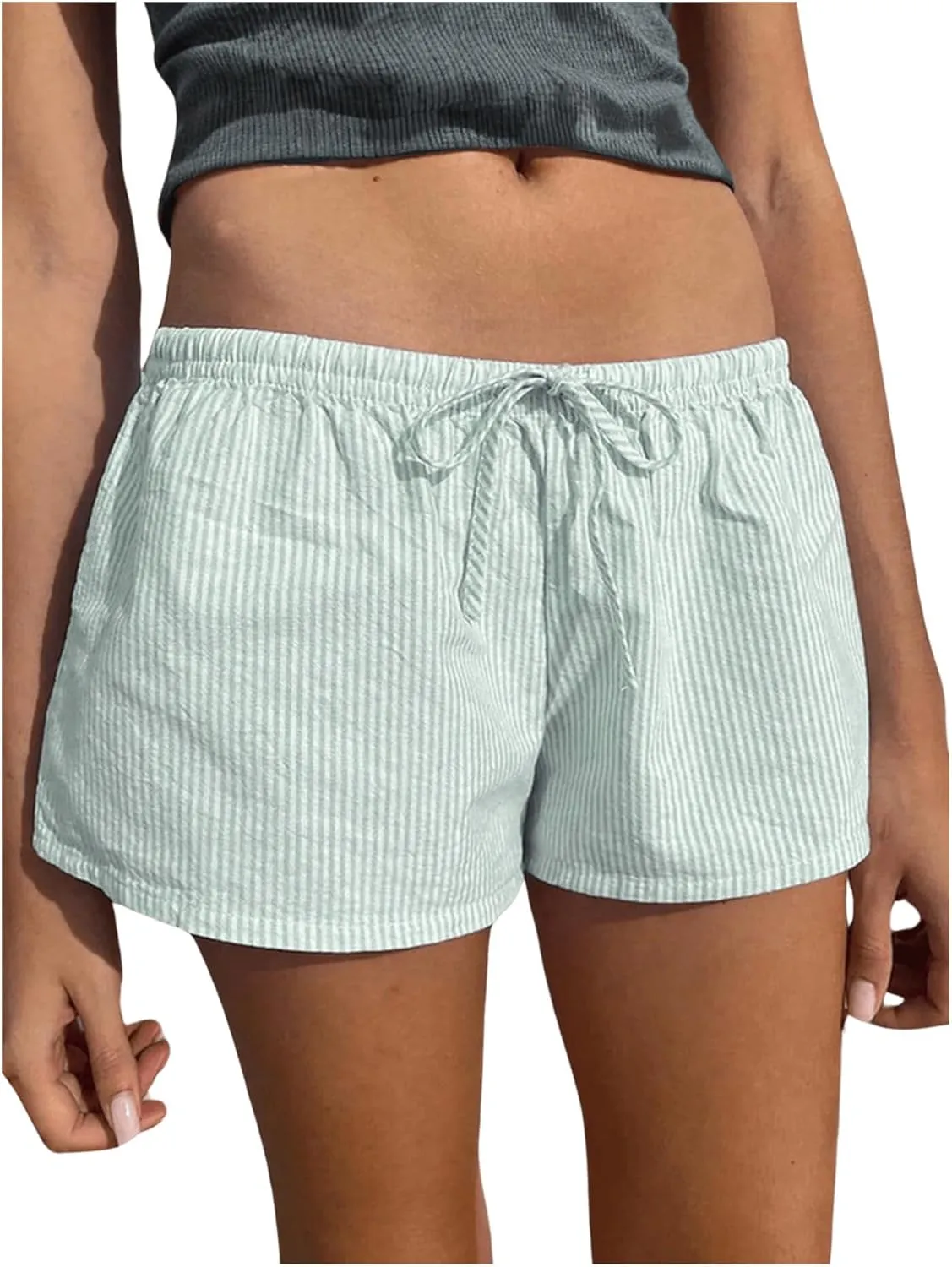 Women's Striped Print Drawstring Elastic Waist Shorts Casual Wide Leg Low Rise Summer Boxer Shorts