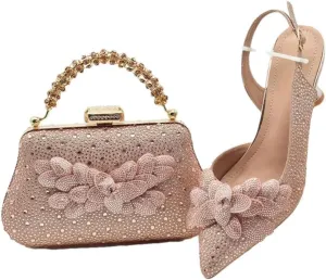 Women’S Super High Heel Wedding Shoes and Bag Set Pointed Toe Slingbacks Pumps with Matching Luxury Clutch