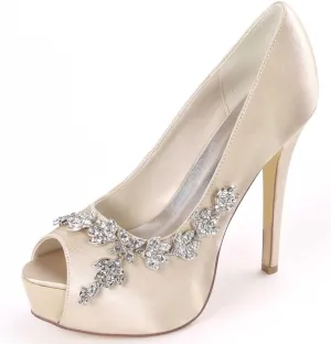 Womens Wedding Shoes Wedding Shoes for Bride High Heel Platform Bridal Shoes Rhinestones Wedding Heels for Women Pumps Satin Evening Party Prom Dress Shoes Dark Purple(Champagne,4.5 UK)