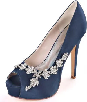 Womens Wedding Shoes Wedding Shoes for Bride High Heel Platform Bridal Shoes Rhinestones Wedding Heels for Women Pumps Satin Evening Party Prom Dress Shoes Dark Purple(Dark Blue,3.5 UK)