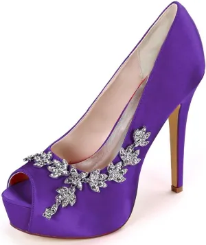 Womens Wedding Shoes Wedding Shoes for Bride High Heel Platform Bridal Shoes Rhinestones Wedding Heels for Women Pumps Satin Evening Party Prom Dress Shoes Dark Purple(Dark Purple,3 UK)
