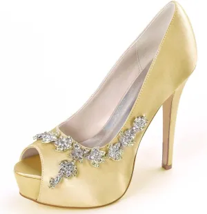 Womens Wedding Shoes Wedding Shoes for Bride High Heel Platform Bridal Shoes Rhinestones Wedding Heels for Women Pumps Satin Evening Party Prom Dress Shoes Dark Purple(Gold,4 UK)