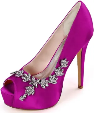 Womens Wedding Shoes Wedding Shoes for Bride High Heel Platform Bridal Shoes Rhinestones Wedding Heels for Women Pumps Satin Evening Party Prom Dress Shoes Dark Purple(Purple,4.5 UK)