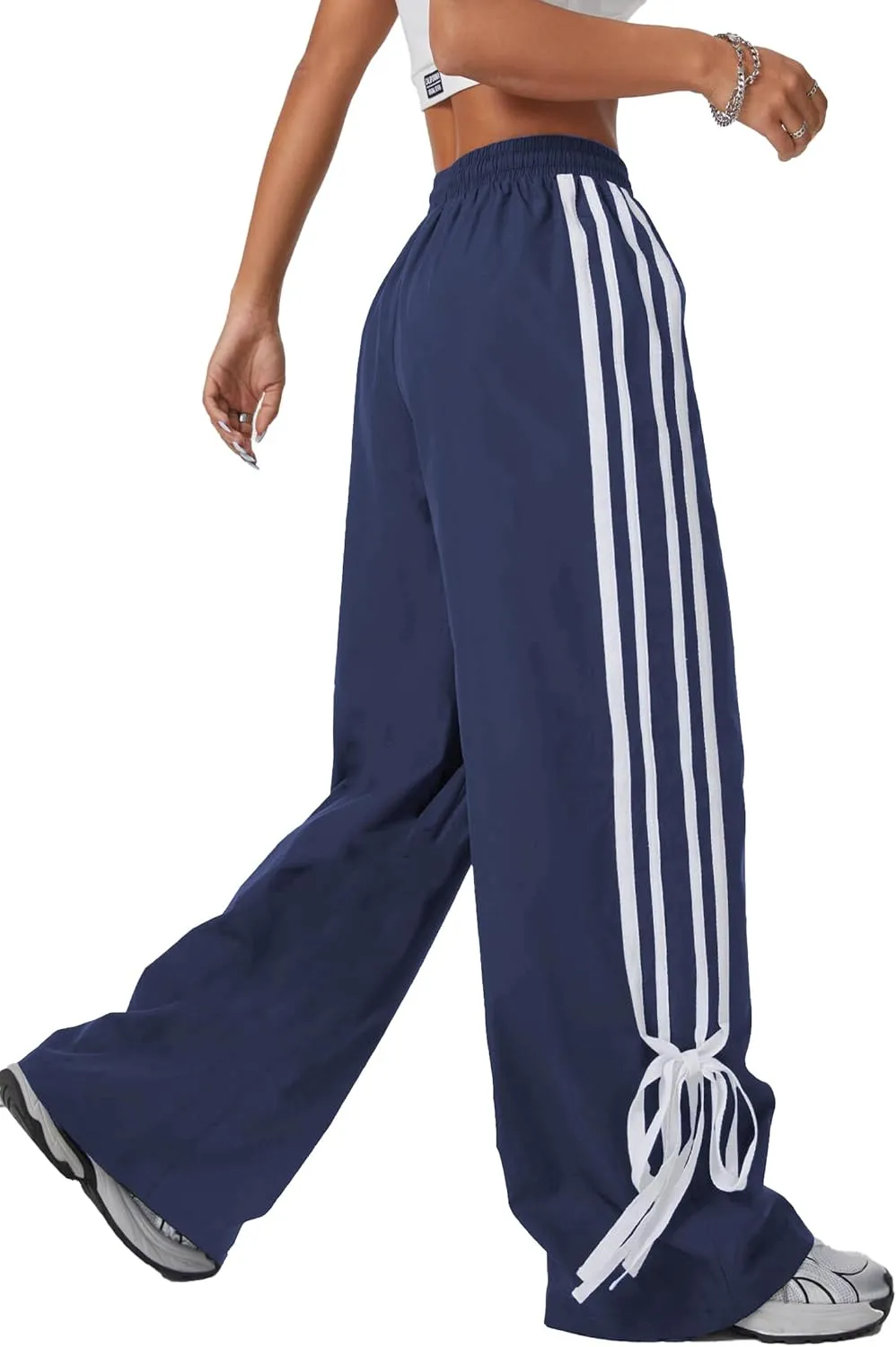 Women's Y2K Baggy Bow Wide Leg Pants Striped Track Elastic Waist Long Sweatpants Parachute Pants