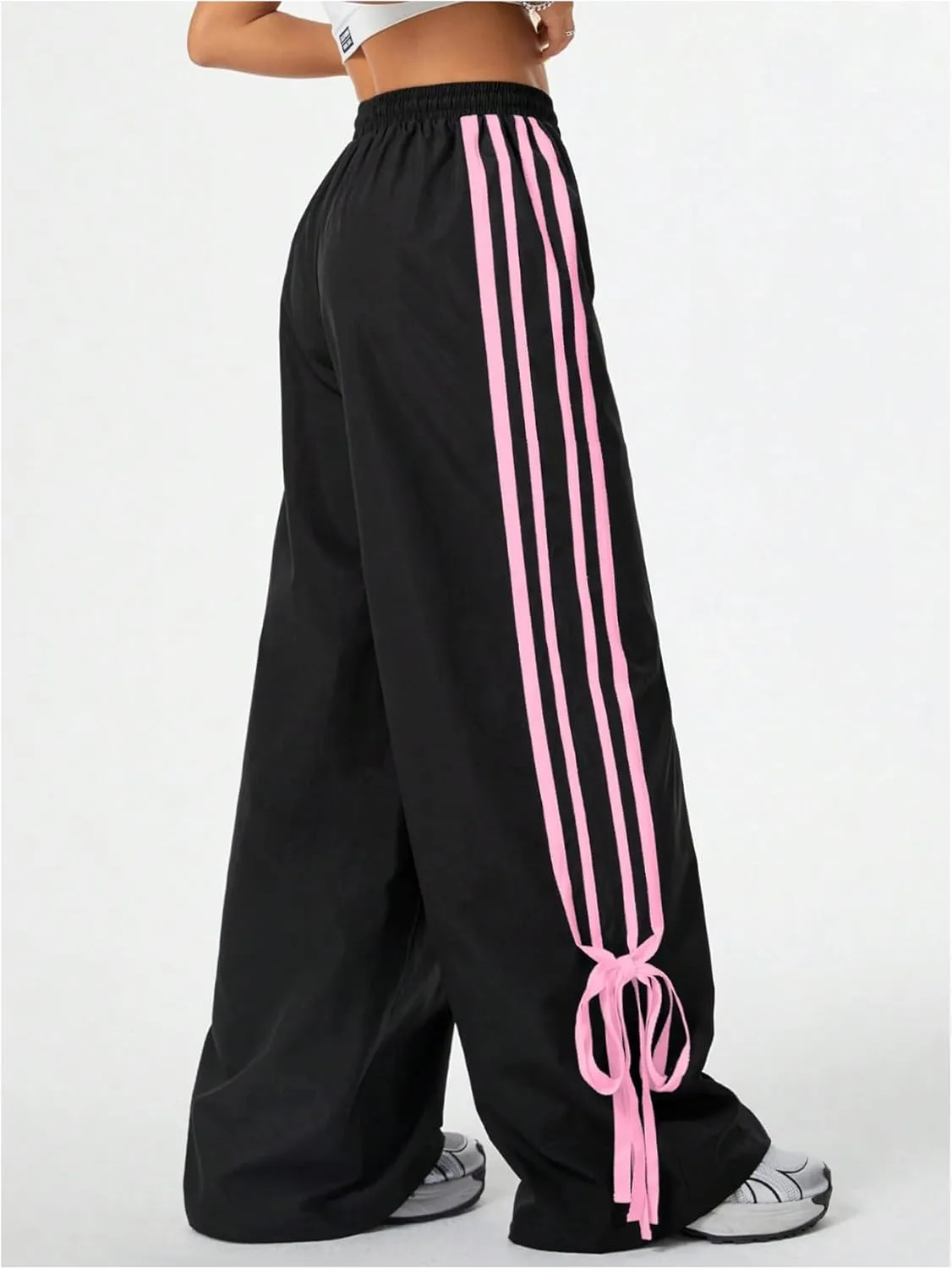 Women's Y2K Baggy Bow Wide Leg Pants Striped Track Elastic Waist Long Sweatpants Parachute Pants
