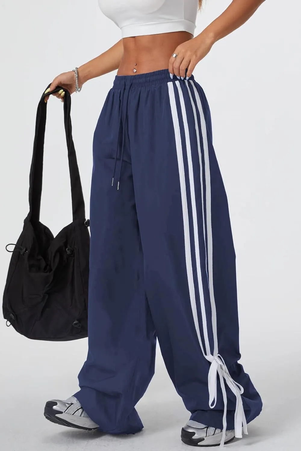 Women's Y2K Baggy Bow Wide Leg Pants Striped Track Elastic Waist Long Sweatpants Parachute Pants