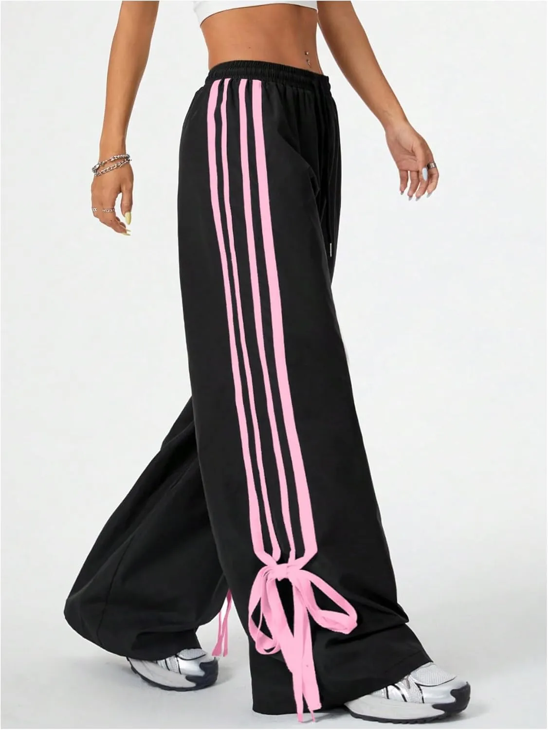 Women's Y2K Baggy Bow Wide Leg Pants Striped Track Elastic Waist Long Sweatpants Parachute Pants