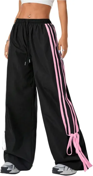 Women's Y2K Baggy Bow Wide Leg Pants Striped Track Elastic Waist Long Sweatpants Parachute Pants