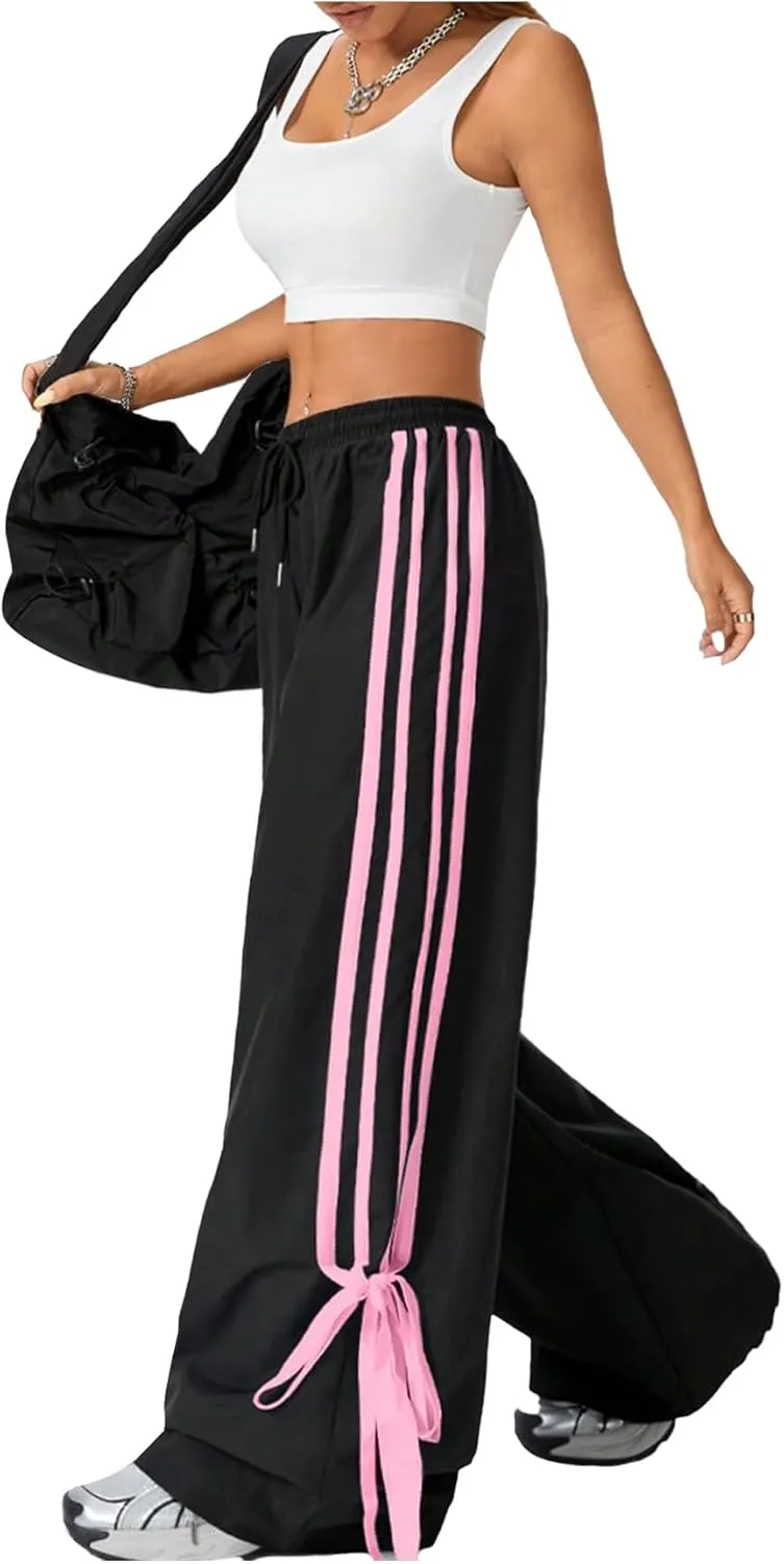 Women's Y2K Baggy Bow Wide Leg Pants Striped Track Elastic Waist Long Sweatpants Parachute Pants