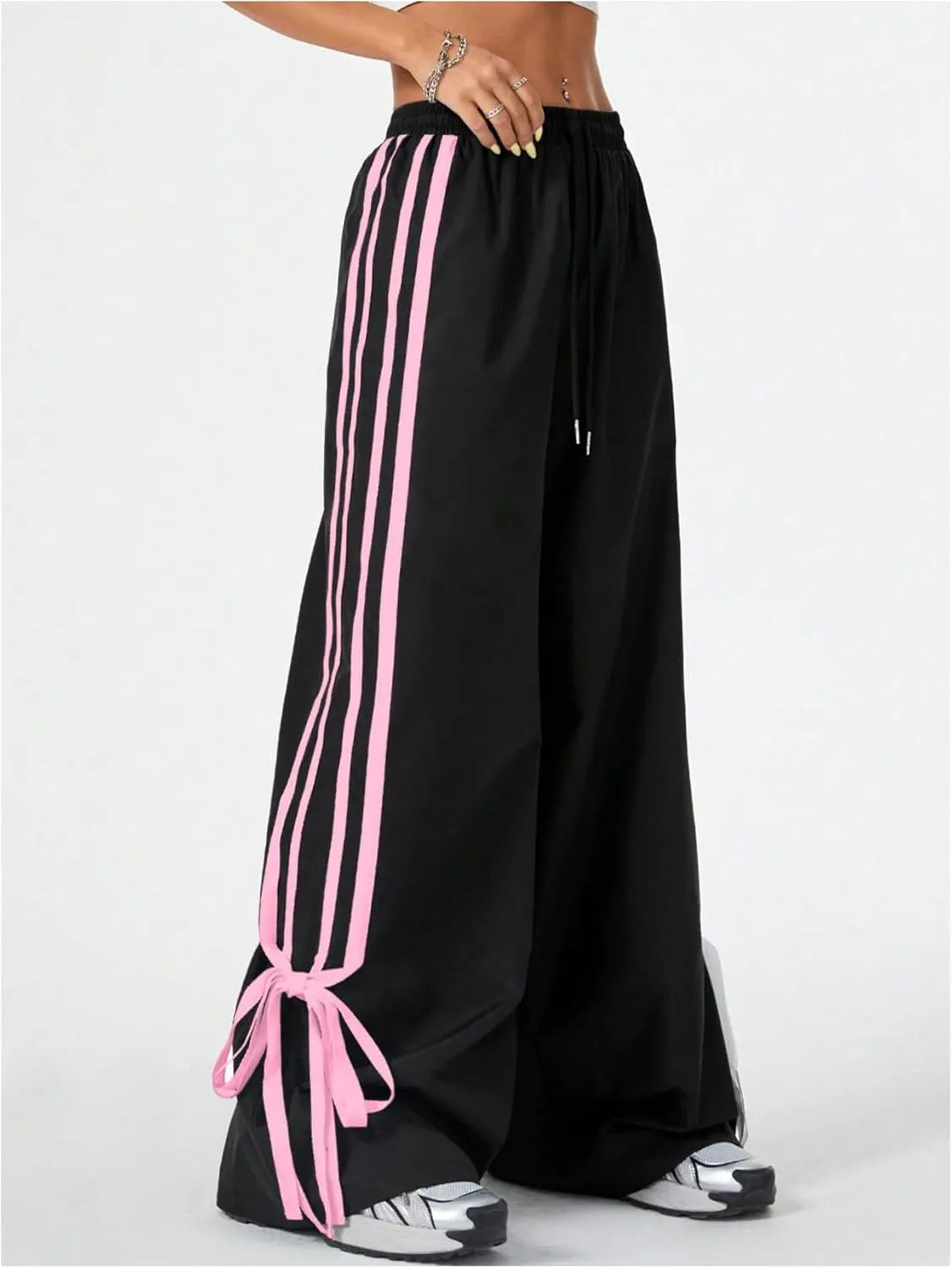 Women's Y2K Baggy Bow Wide Leg Pants Striped Track Elastic Waist Long Sweatpants Parachute Pants