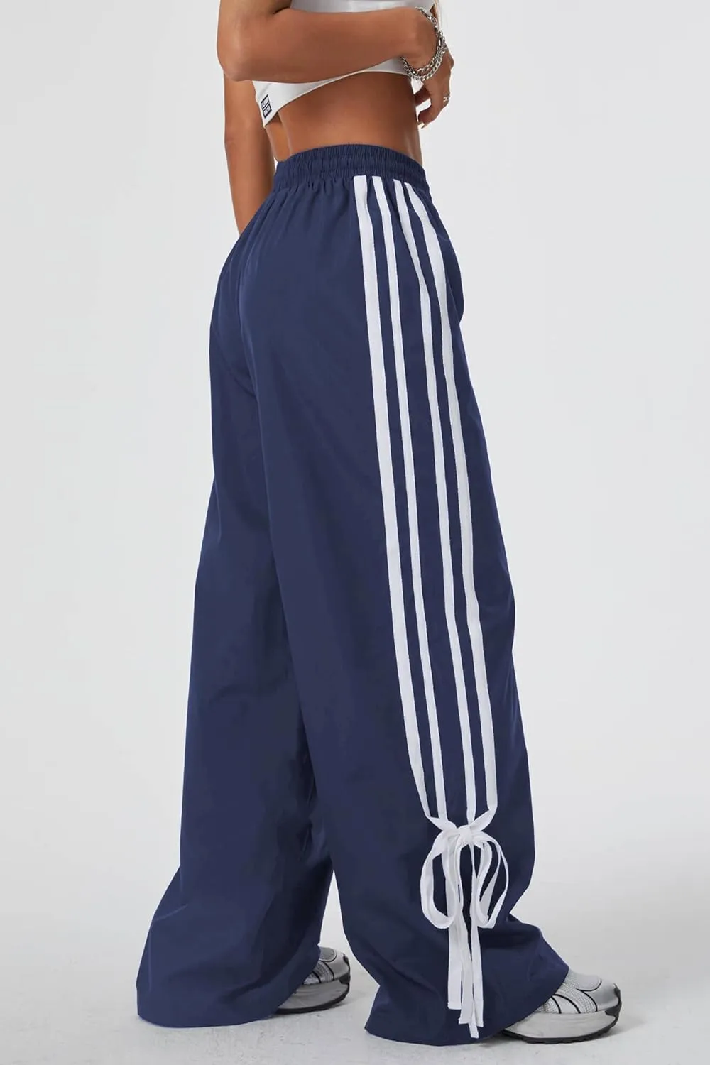 Women's Y2K Baggy Bow Wide Leg Pants Striped Track Elastic Waist Long Sweatpants Parachute Pants