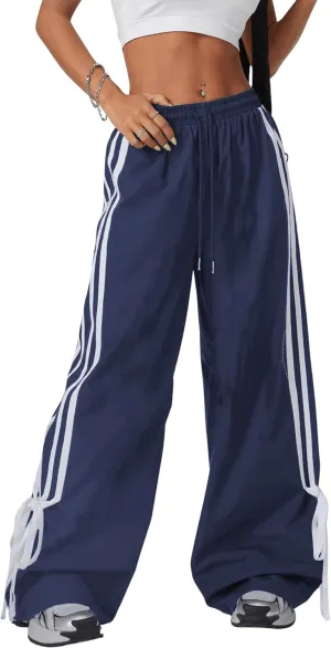 Women's Y2K Baggy Bow Wide Leg Pants Striped Track Elastic Waist Long Sweatpants Parachute Pants