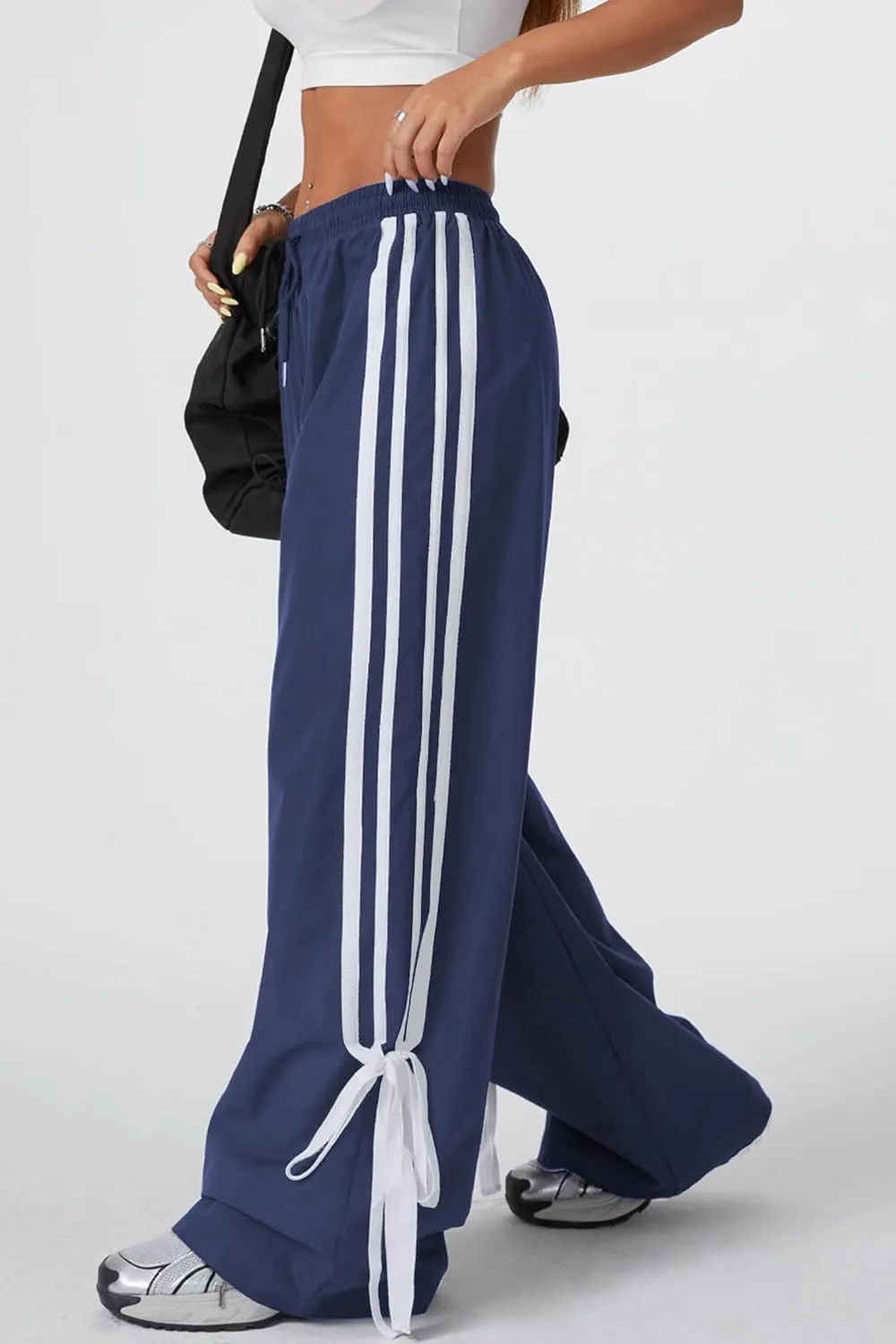 Women's Y2K Baggy Bow Wide Leg Pants Striped Track Elastic Waist Long Sweatpants Parachute Pants