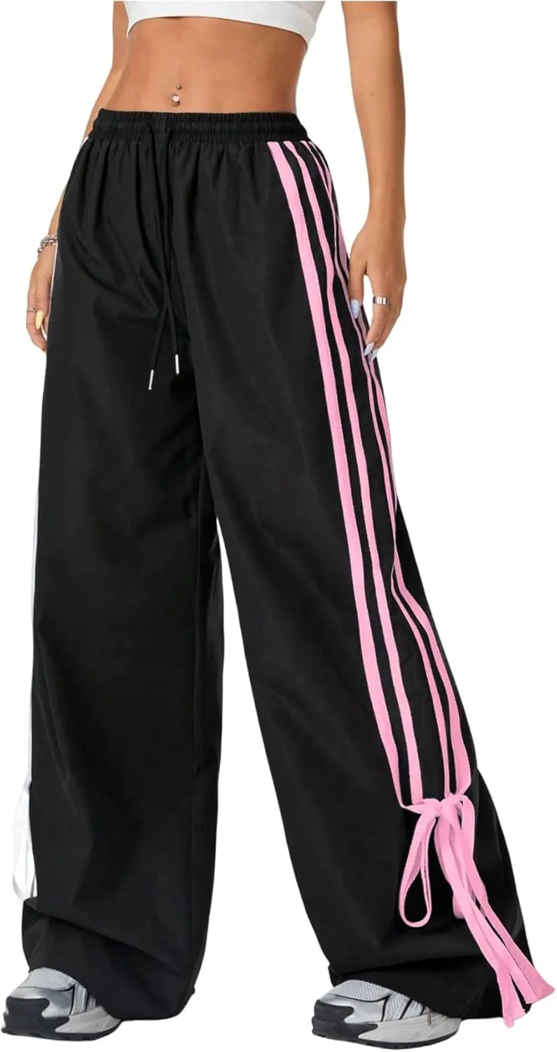 Women's Y2K Baggy Bow Wide Leg Pants Striped Track Elastic Waist Long Sweatpants Parachute Pants