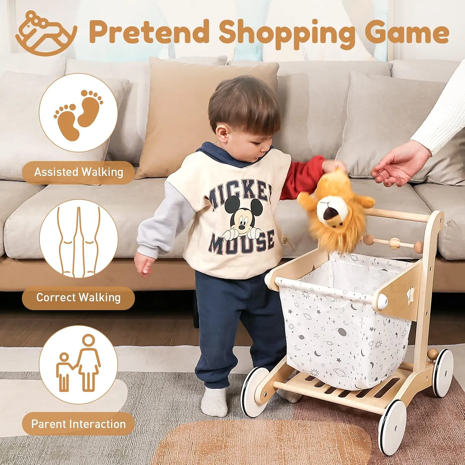 Wooden Baby Walker Doll Stroller | Adjustable Speed Shopping Cart for Toddlers 1-3 | Baby Push Walker - Pretend Play Grocery Cart | Natural Wood Stroller Push Toys for Babies Learning to Walk