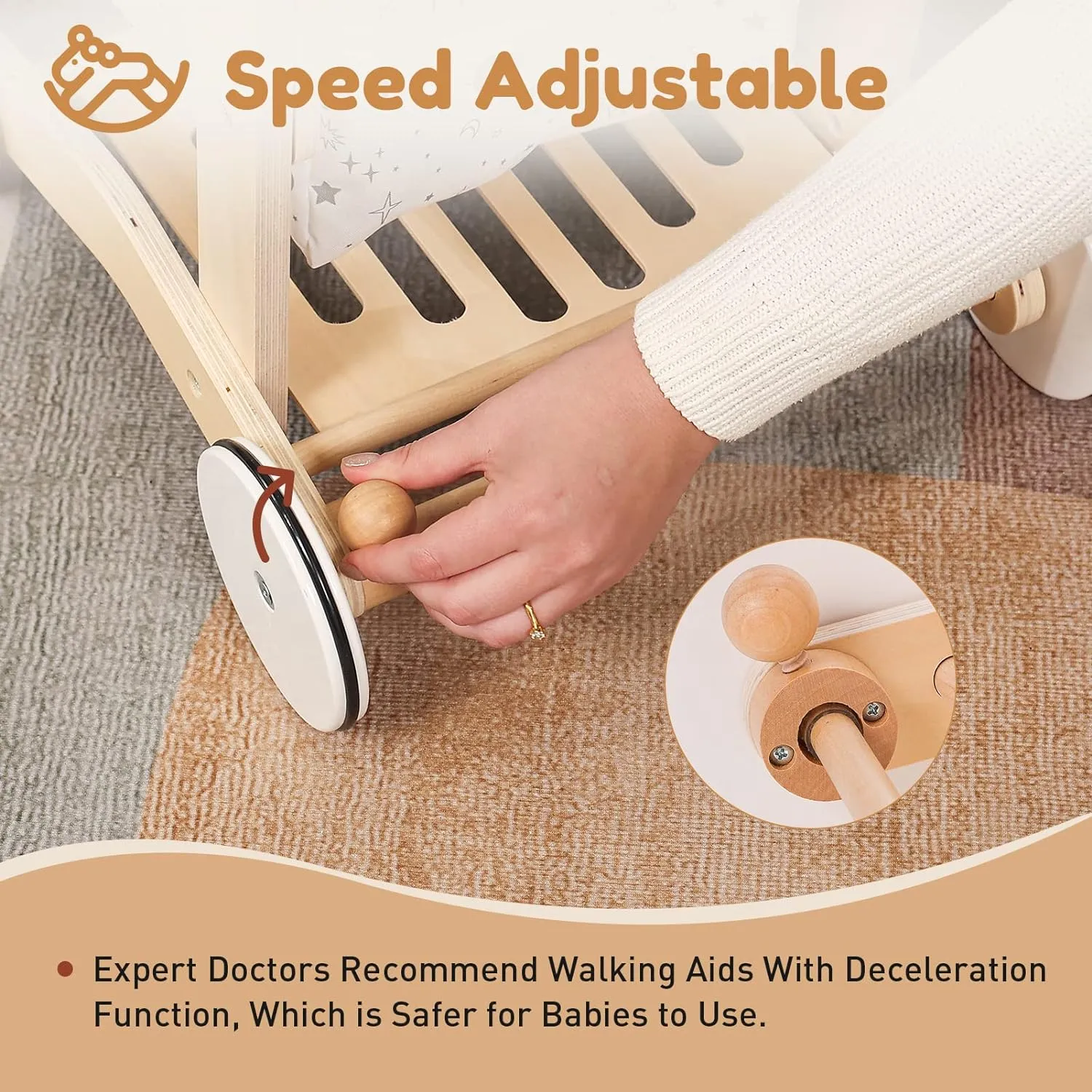 Wooden Baby Walker Doll Stroller | Adjustable Speed Shopping Cart for Toddlers 1-3 | Baby Push Walker - Pretend Play Grocery Cart | Natural Wood Stroller Push Toys for Babies Learning to Walk