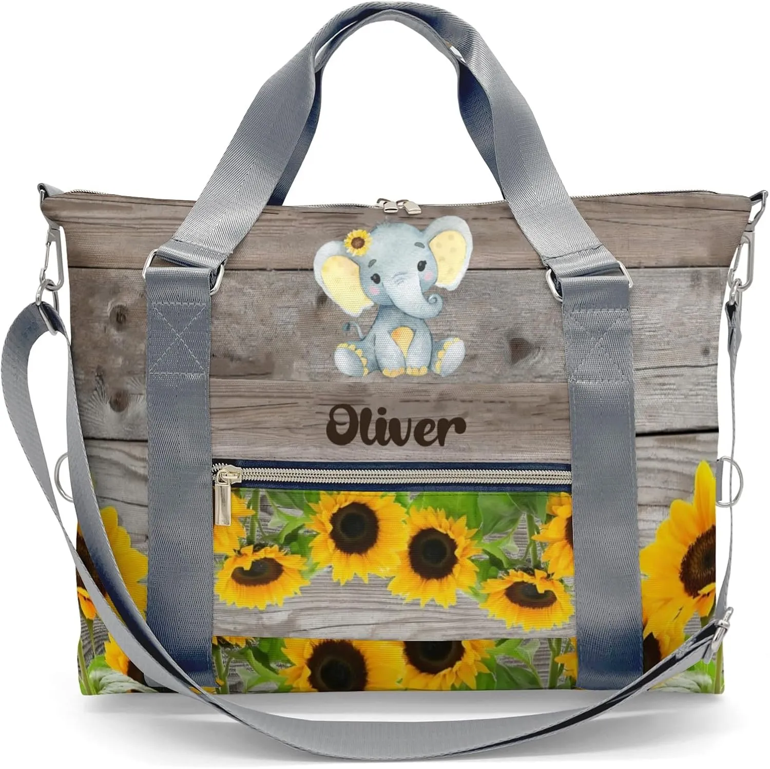 Woodland Sunflower Elephant Personalized Gym Dance Bag for Girls Boys,Custom Name Sport Duffel Bag Weekender Bags Carry On Travel Duffel Bag