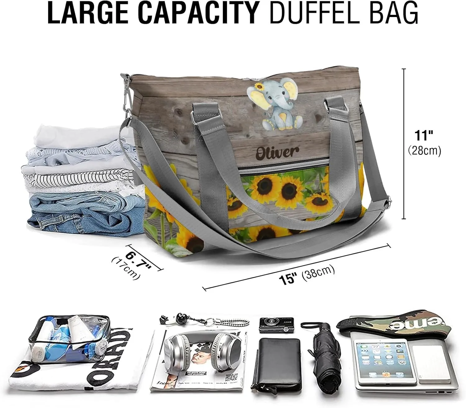 Woodland Sunflower Elephant Personalized Gym Dance Bag for Girls Boys,Custom Name Sport Duffel Bag Weekender Bags Carry On Travel Duffel Bag