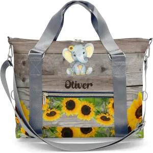 Woodland Sunflower Elephant Personalized Gym Dance Bag for Girls Boys,Custom Name Sport Duffel Bag Weekender Bags Carry On Travel Duffel Bag