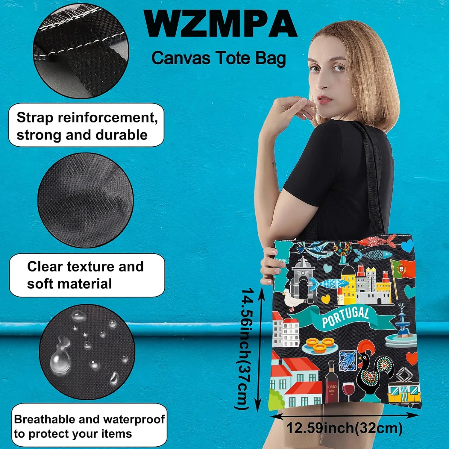 WZMPA Portugal Trip Tote Bag Portugal Travel Gift Portugal Culture Reusable Shoulder Bag Portugal Vacation Gift