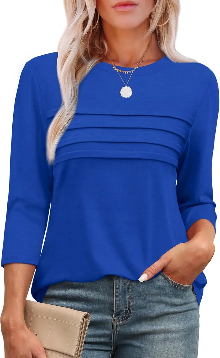 XIEERDUO Women's 3/4 Length Sleeve Tops Dressy Casual Blouses Crewneck T-Shirts Loose Curved Hem Tunic S-3XL