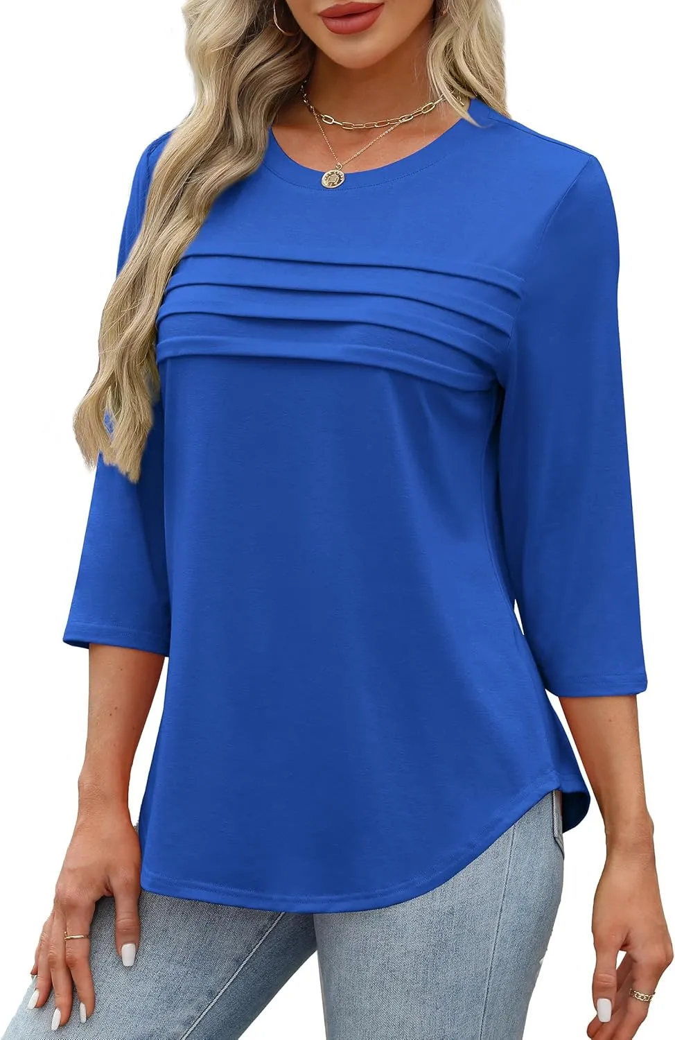 XIEERDUO Women's 3/4 Length Sleeve Tops Dressy Casual Blouses Crewneck T-Shirts Loose Curved Hem Tunic S-3XL