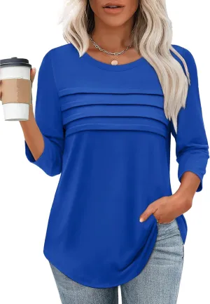 XIEERDUO Women's 3/4 Length Sleeve Tops Dressy Casual Blouses Crewneck T-Shirts Loose Curved Hem Tunic S-3XL