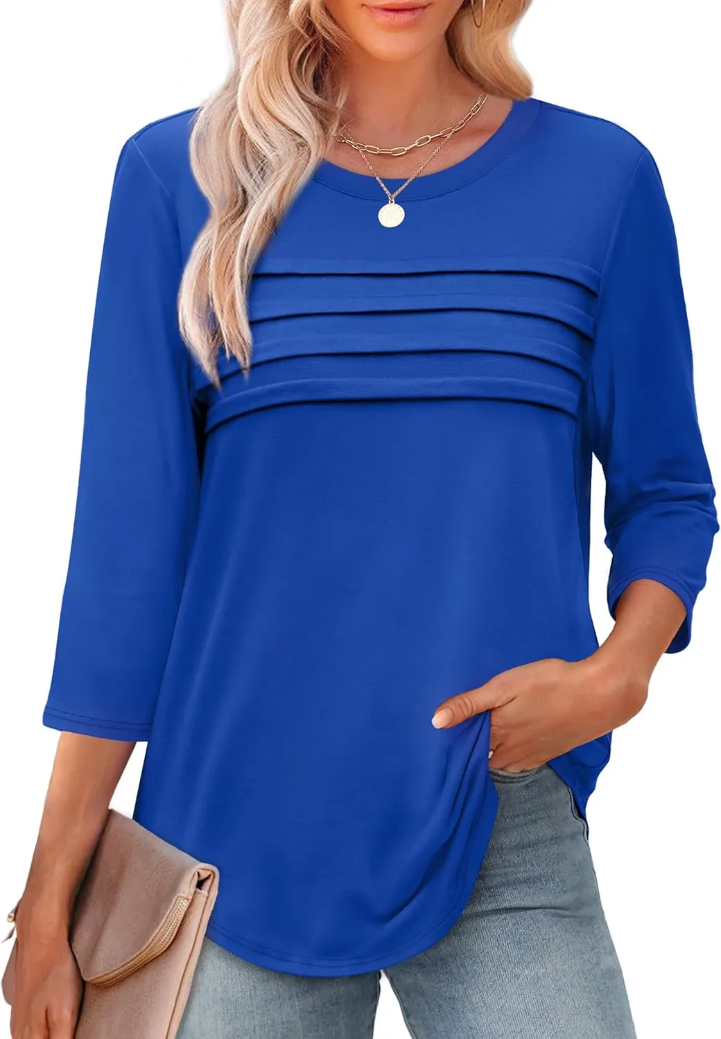 XIEERDUO Women's 3/4 Length Sleeve Tops Dressy Casual Blouses Crewneck T-Shirts Loose Curved Hem Tunic S-3XL