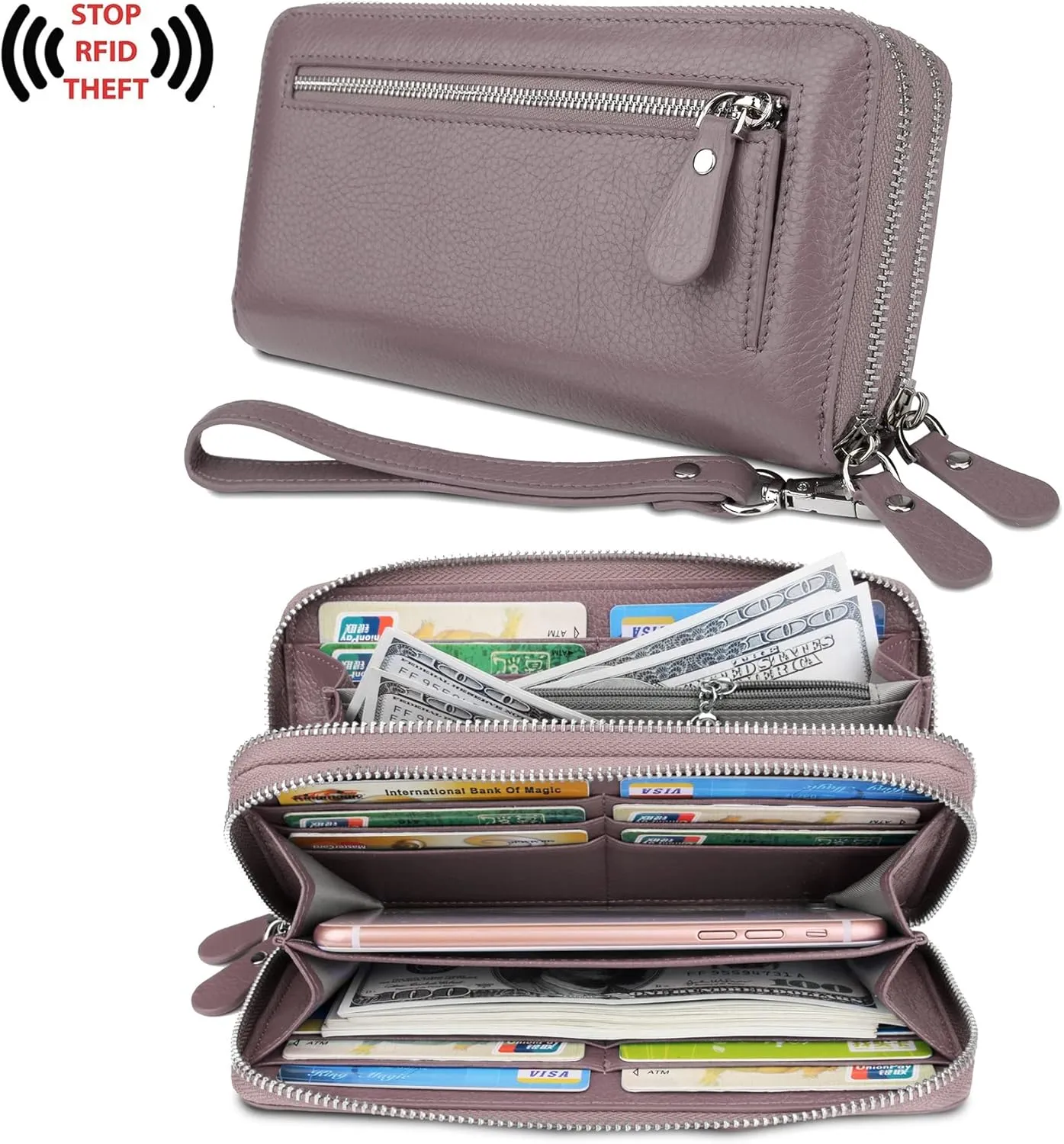 YALUXE Real Leather Zip Around Wallet RFID Blocking Wristlet Handbag Purse Clutch with Double Zipper Pockets