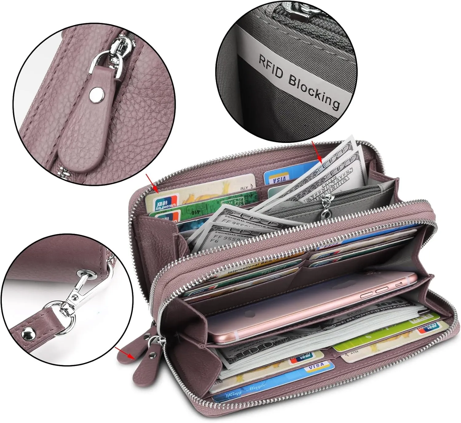 YALUXE Real Leather Zip Around Wallet RFID Blocking Wristlet Handbag Purse Clutch with Double Zipper Pockets