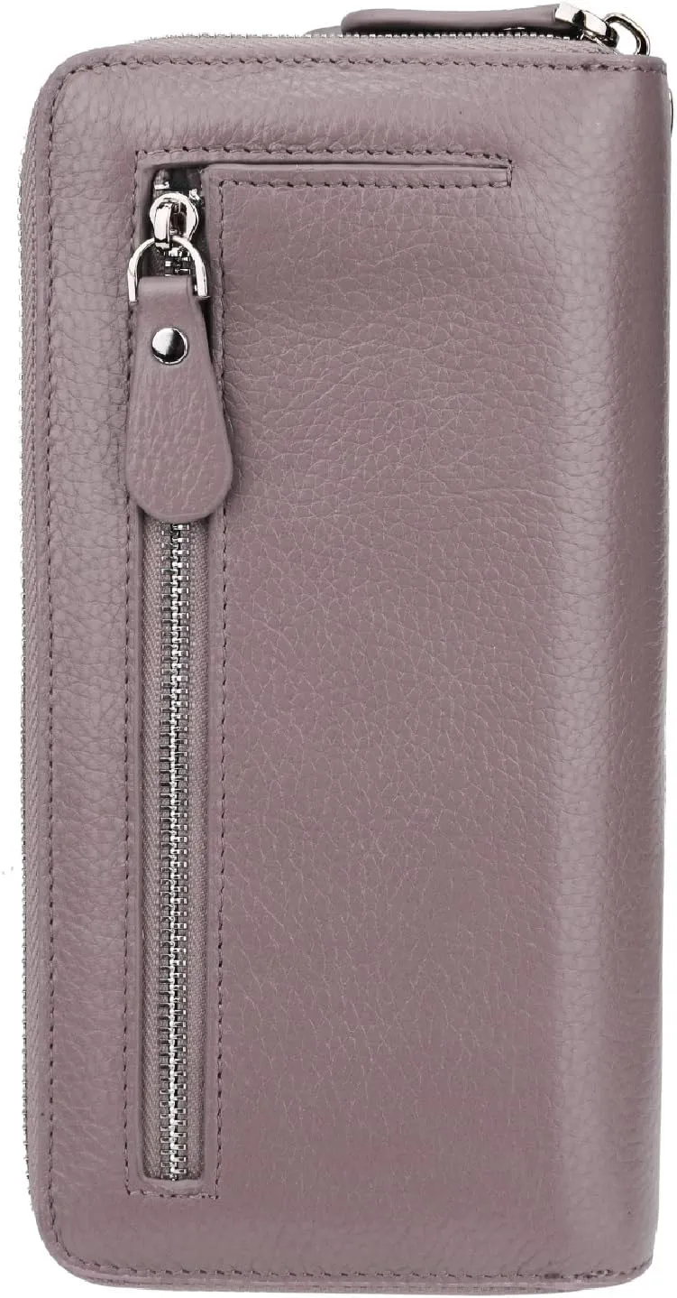 YALUXE Real Leather Zip Around Wallet RFID Blocking Wristlet Handbag Purse Clutch with Double Zipper Pockets