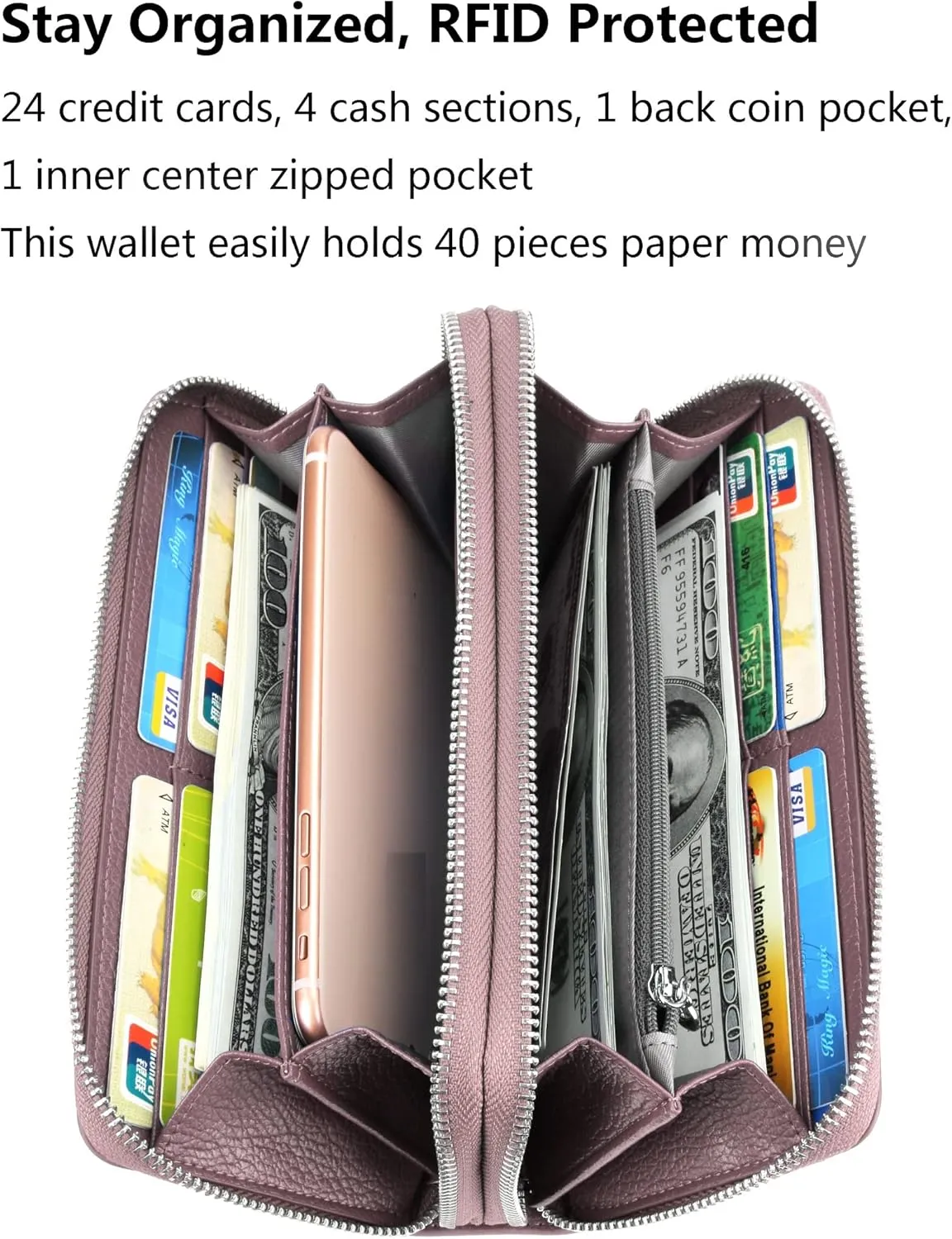 YALUXE Real Leather Zip Around Wallet RFID Blocking Wristlet Handbag Purse Clutch with Double Zipper Pockets