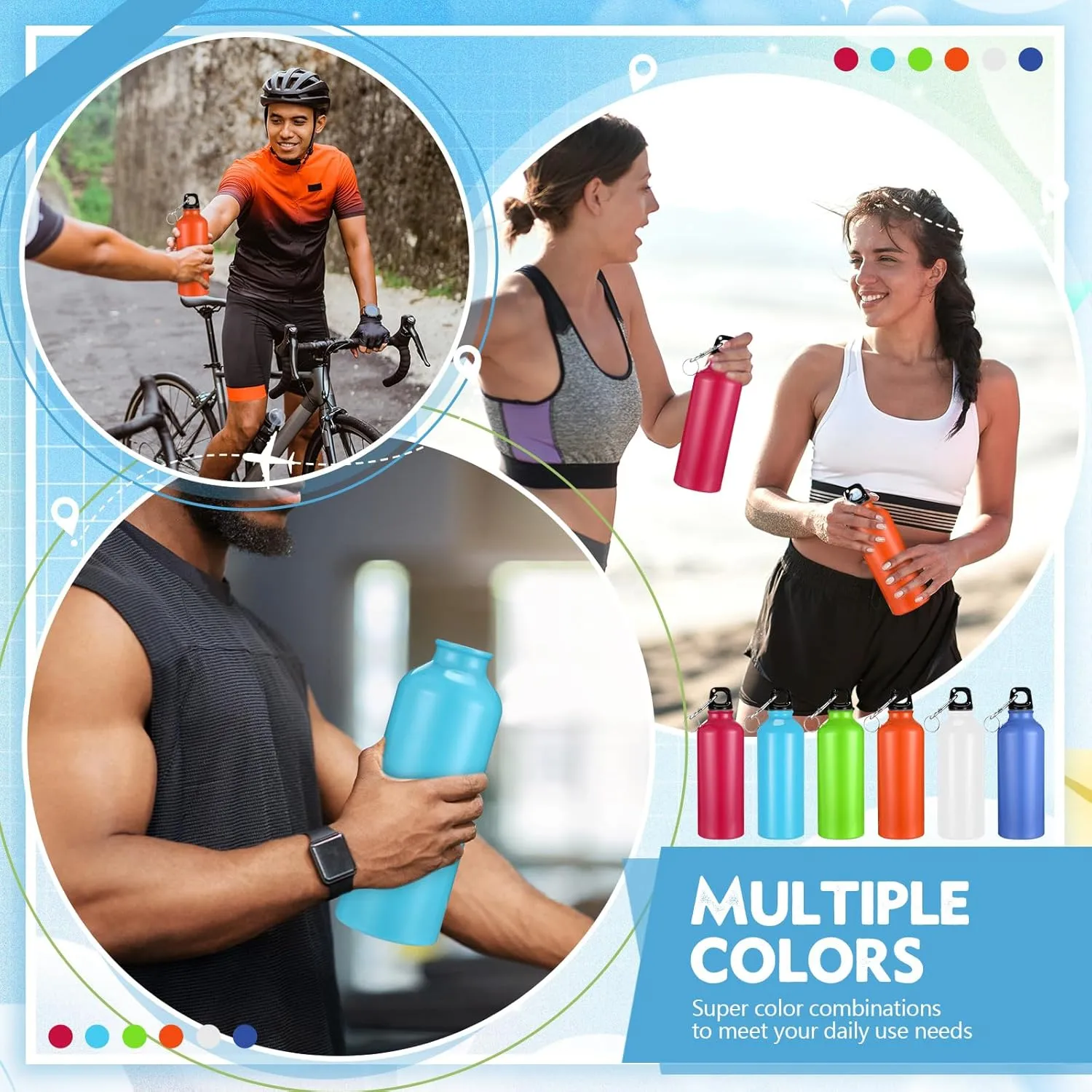 Yaomiao 36 Pcs Lightweight Aluminum Water Bottle Bulk 17 oz Leak Proof Bike Water Sports Bottles with Buckle and Twist Cap Team Reusable for Sports Gym Bicycle Camping(Mix 3)
